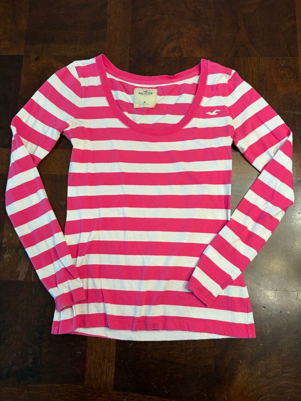 Y2K Hollister Pink White Striped Long Sleeve U-Neck Top M